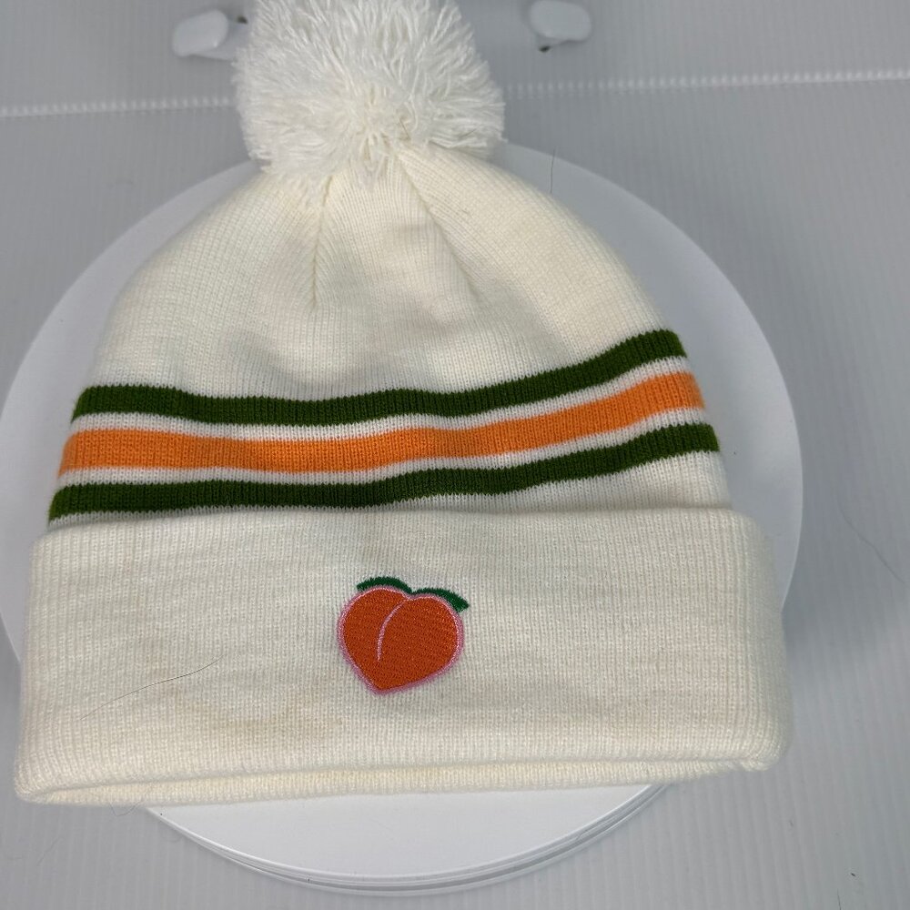Cream Pom Pom Beanie Cap One Size Green Orange Striped Embroidered Peach Patch